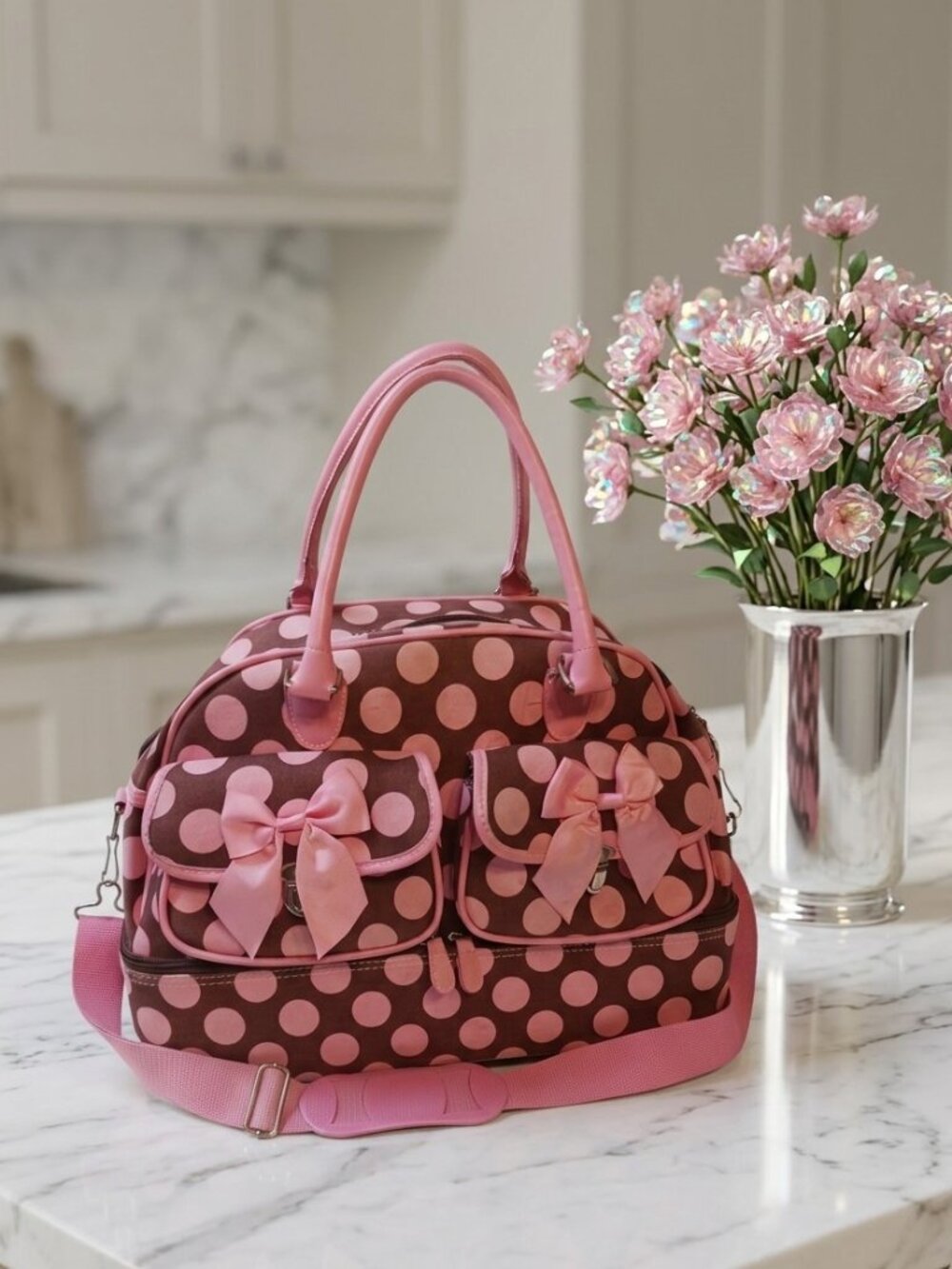 Polka Dot Dual-Compartment Travel & Overnight Tote Bag – Brown/Pink Bows